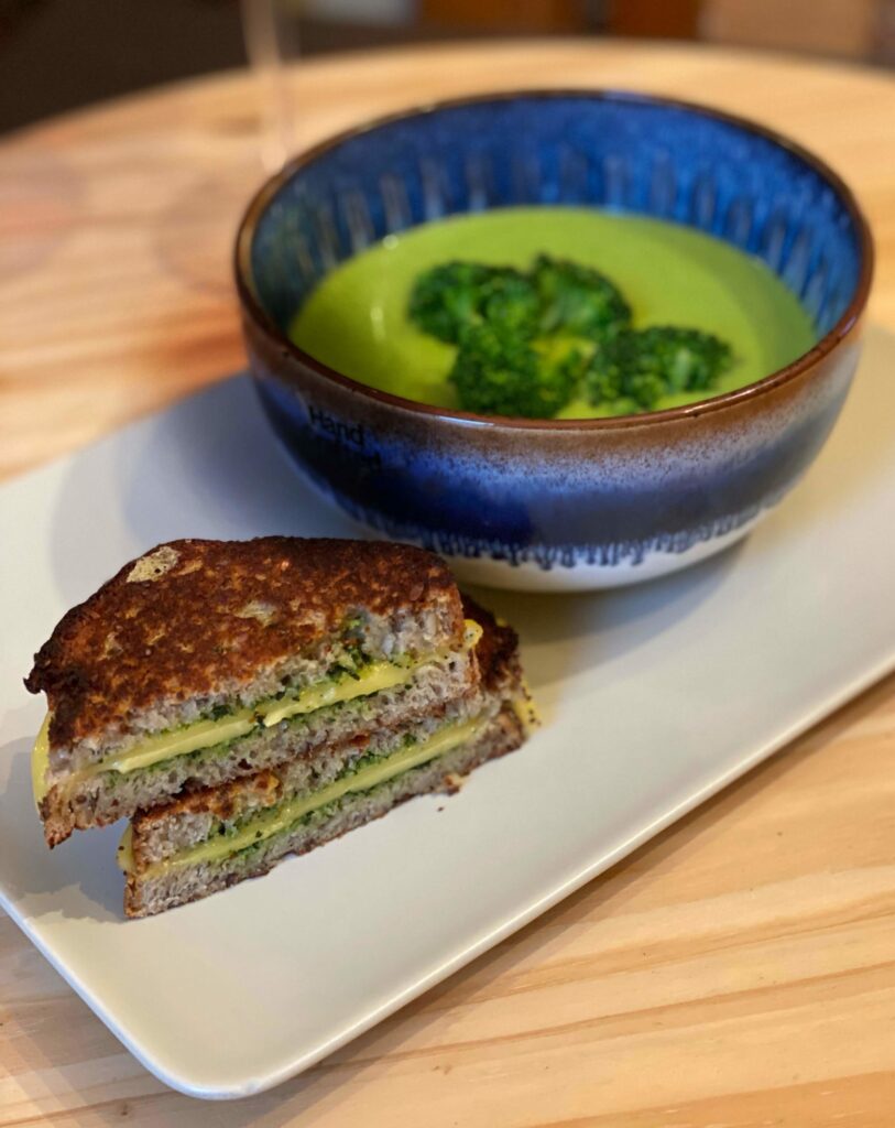 Broccoli Cheddar Soup served with vegan grilled cheese